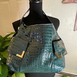 Michael Kors greenish/blue crocodile patent leather bag w/ gold accent
